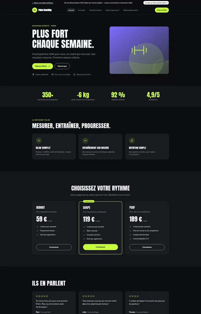 Page d'accueil du site de démonstration Pulse Coaching