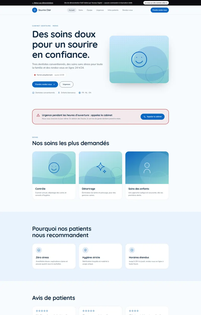 Page d'accueil du site de démonstration Sourire Clair