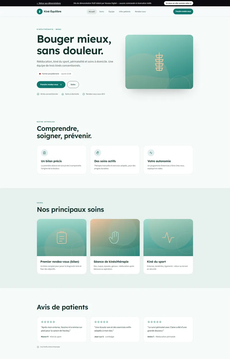 Page d'accueil du site de démonstration Kiné Équilibre