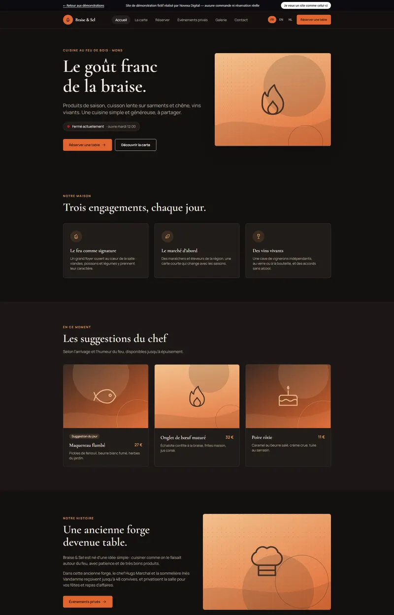 Page d'accueil du site de démonstration Braise & Sel