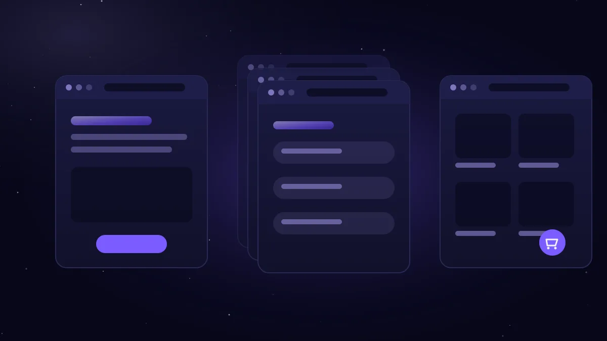 Illustration: three web page mock-ups side by side, a single page, a multi-page site and a shop