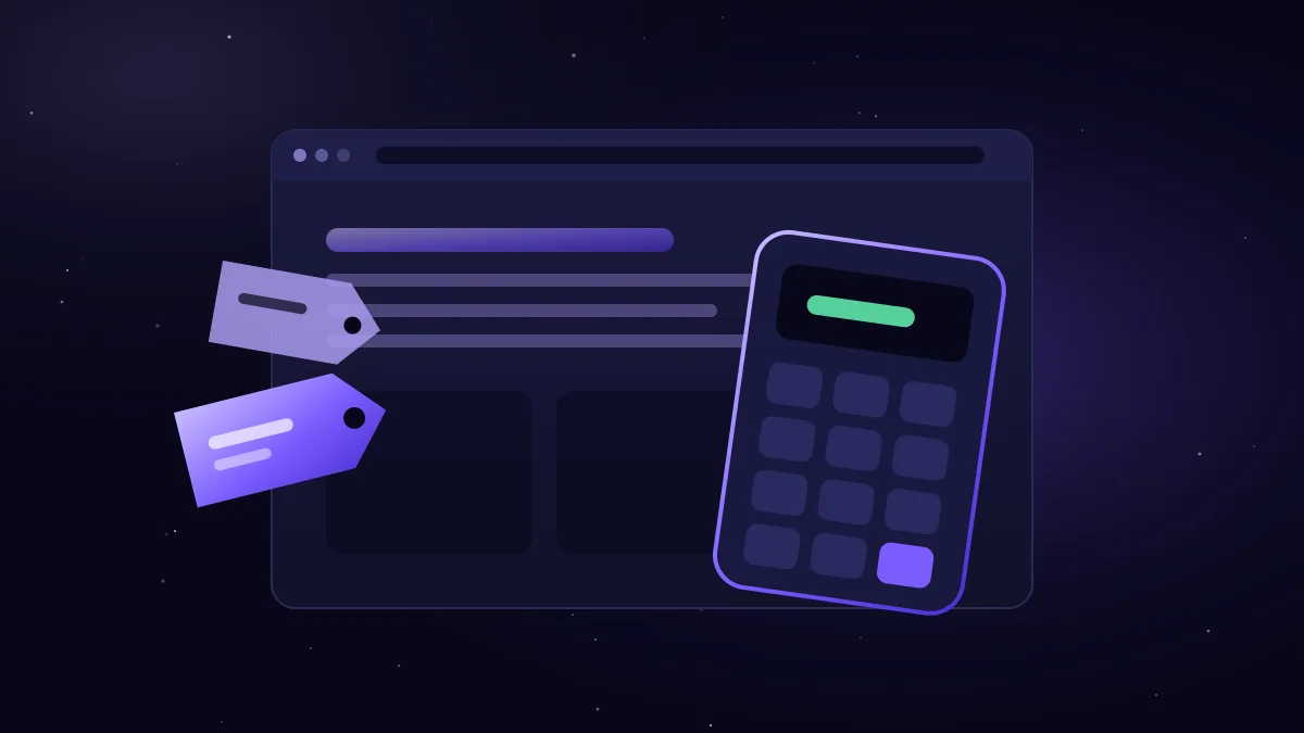 Illustration: a calculator and price tags in front of a browser window